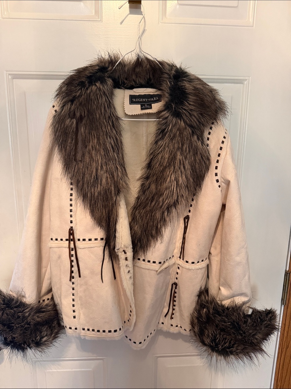 Regency Park Cream Teddy Jacket with Brown Faux-Fur Trim